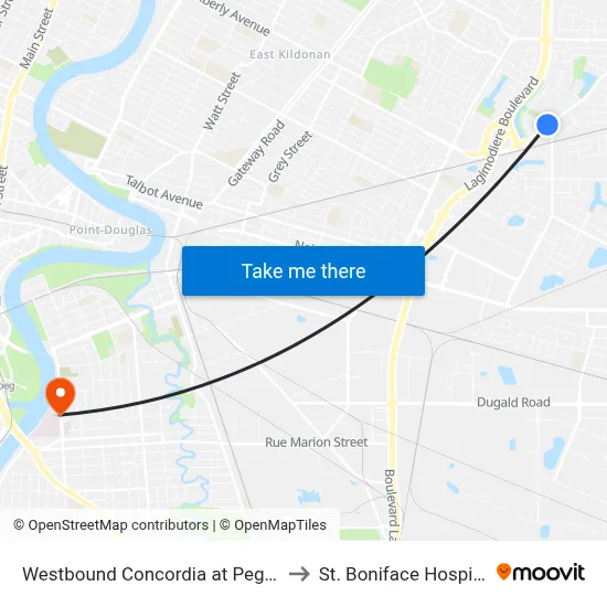 Westbound Concordia at Peguis to St. Boniface Hospital map