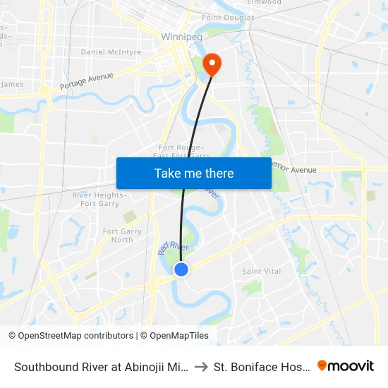Southbound River at Abinojii Mikanah to St. Boniface Hospital map