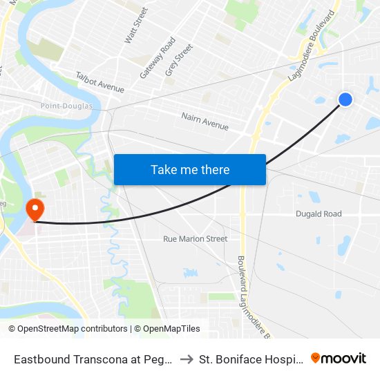 Eastbound Transcona at Peguis to St. Boniface Hospital map