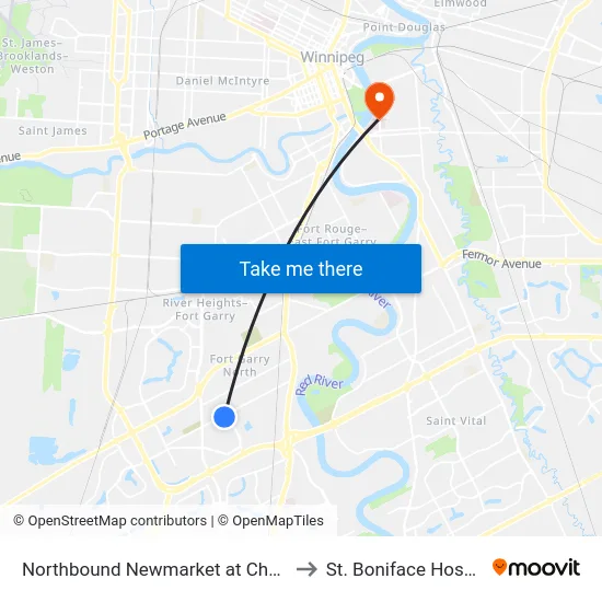 Northbound Newmarket at Chevrier to St. Boniface Hospital map
