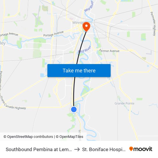 Southbound Pembina at Lemay to St. Boniface Hospital map