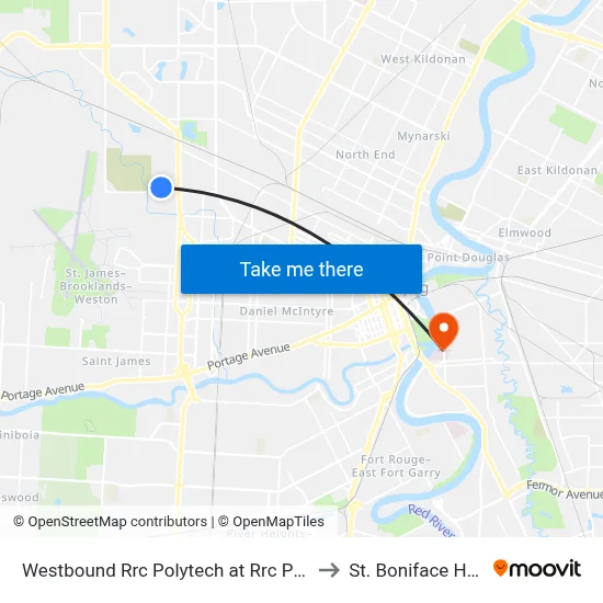 Westbound Rrc Polytech at Rrc Polytech (43) to St. Boniface Hospital map