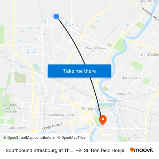 Southbound Strasbourg at Thorn to St. Boniface Hospital map