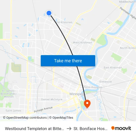 Westbound Templeton at Bitterfield to St. Boniface Hospital map