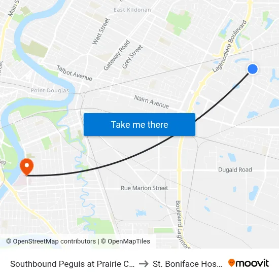 Southbound Peguis at Prairie Crocus to St. Boniface Hospital map