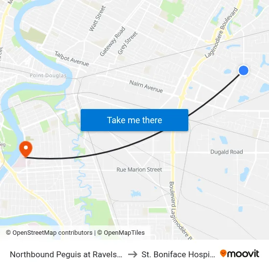 Northbound Peguis at Ravelston to St. Boniface Hospital map