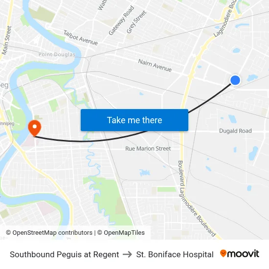 Southbound Peguis at Regent to St. Boniface Hospital map