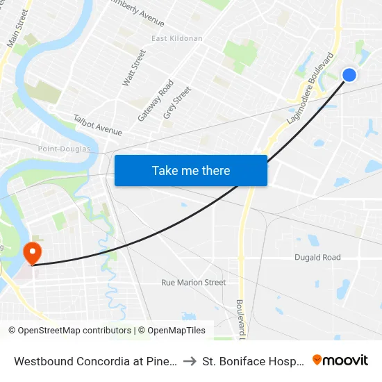 Westbound Concordia at Pinetop to St. Boniface Hospital map