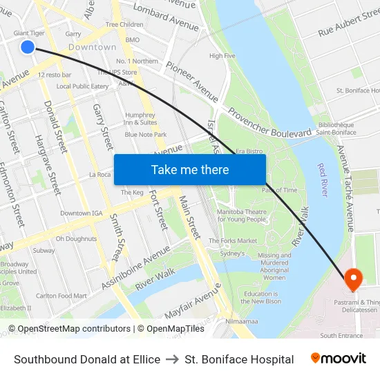 Southbound Donald at Ellice to St. Boniface Hospital map