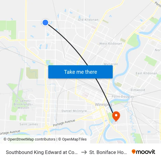 Southbound King Edward at Coalstone to St. Boniface Hospital map