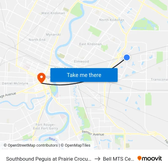 Southbound Peguis at Prairie Crocus North to Bell MTS Centre map