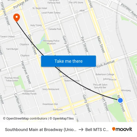 Southbound Main at Broadway (Union Station) to Bell MTS Centre map