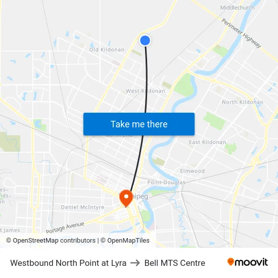 Westbound North Point at Lyra to Bell MTS Centre map