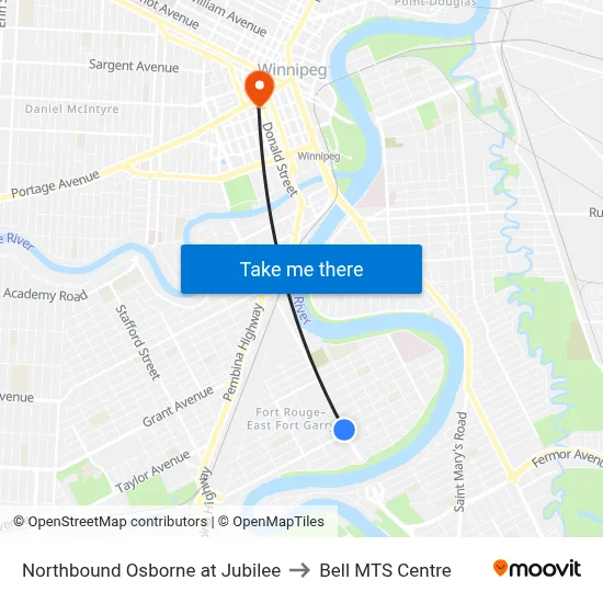 Northbound Osborne at Jubilee to Bell MTS Centre map
