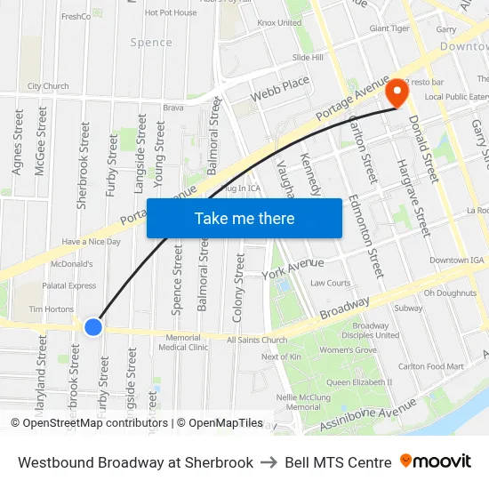 Westbound Broadway at Sherbrook to Bell MTS Centre map