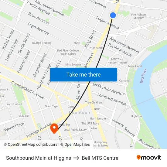 Southbound Main at Higgins to Bell MTS Centre map