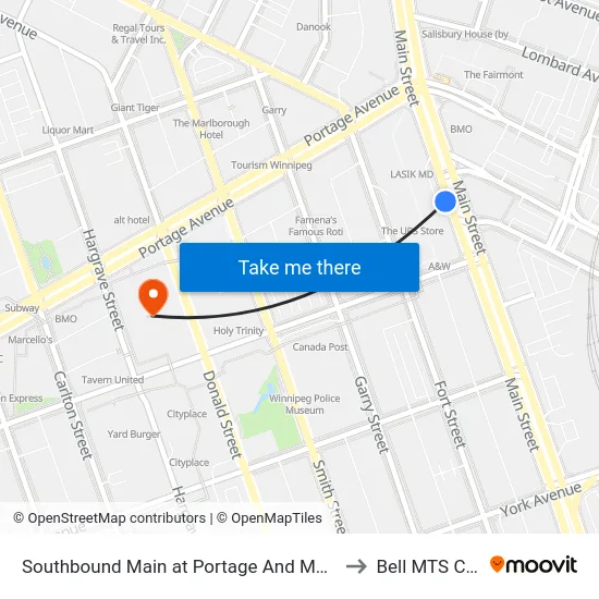 Southbound Main at Portage And Main Junction to Bell MTS Centre map