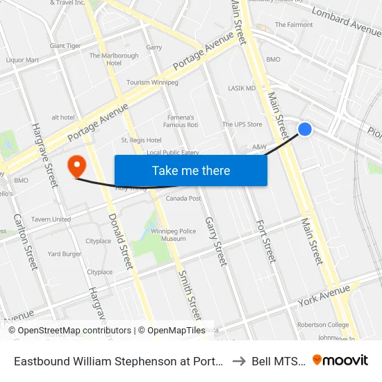Eastbound William Stephenson at Portage And Main Junction to Bell MTS Centre map