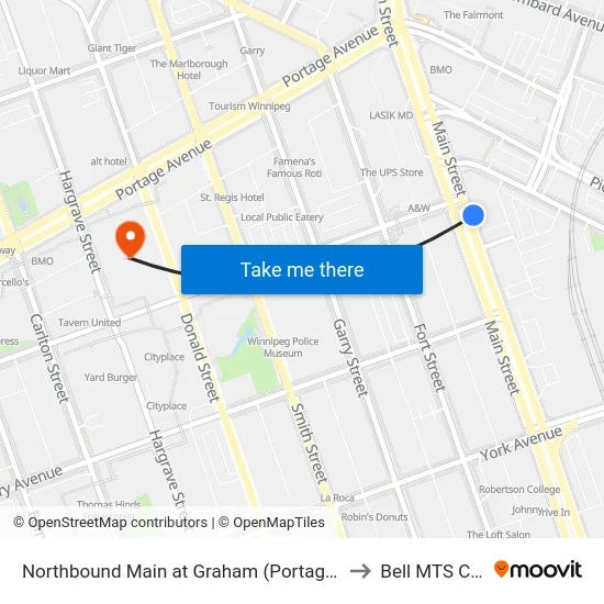 Northbound Main at Graham (Portage And Main) to Bell MTS Centre map