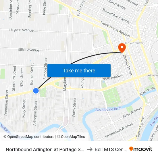 Northbound Arlington at Portage South to Bell MTS Centre map