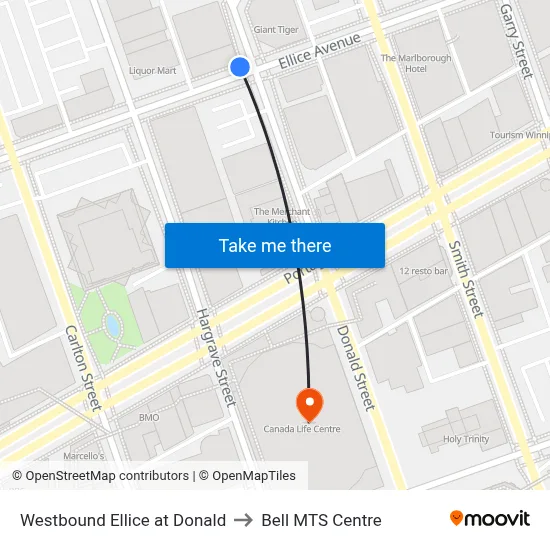 Westbound Ellice at Donald to Bell MTS Centre map