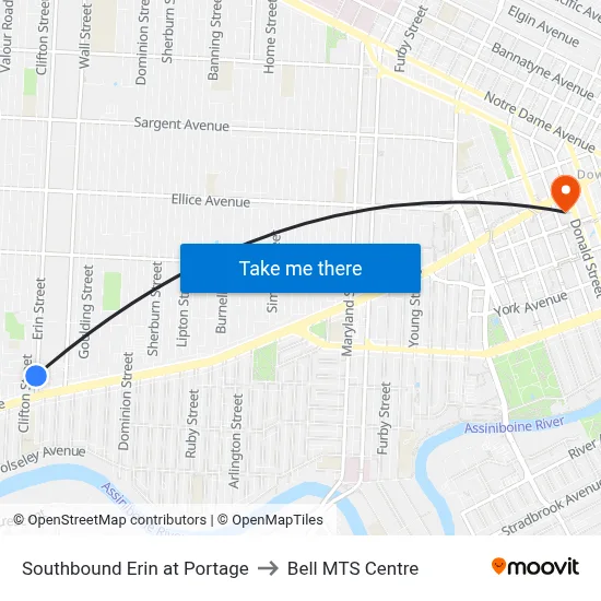 Southbound Erin at Portage to Bell MTS Centre map