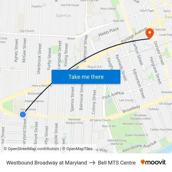 Westbound Broadway at Maryland to Bell MTS Centre map