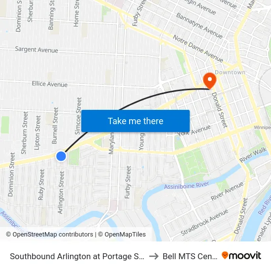 Southbound Arlington at Portage South to Bell MTS Centre map