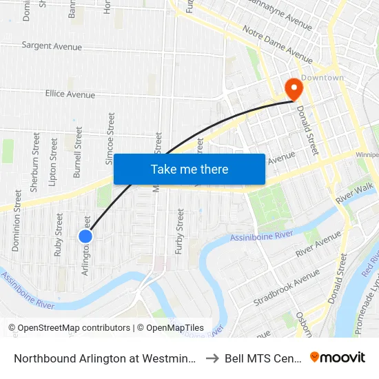 Northbound Arlington at Westminster to Bell MTS Centre map
