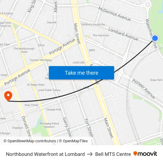 Northbound Waterfront at Lombard to Bell MTS Centre map