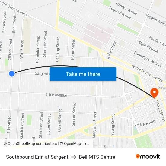 Southbound Erin at Sargent to Bell MTS Centre map