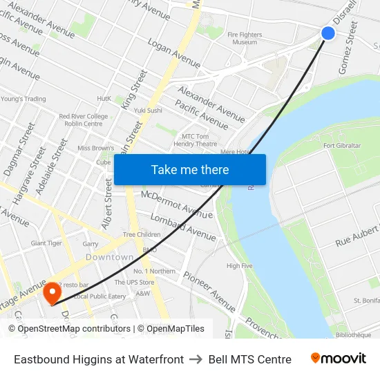 Eastbound Higgins at Waterfront to Bell MTS Centre map