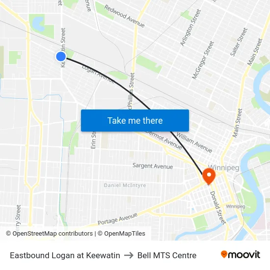Eastbound Logan at Keewatin to Bell MTS Centre map