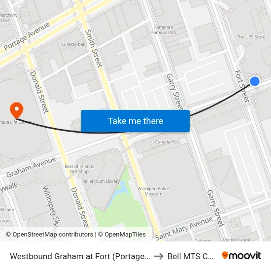 Westbound Graham at Fort (Portage & Main) to Bell MTS Centre map