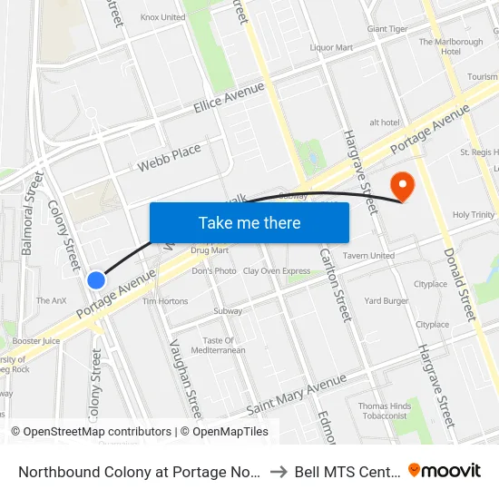 Northbound Colony at Portage North to Bell MTS Centre map