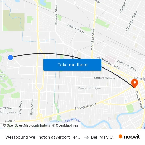 Westbound Wellington at Airport Terminal (D13) to Bell MTS Centre map