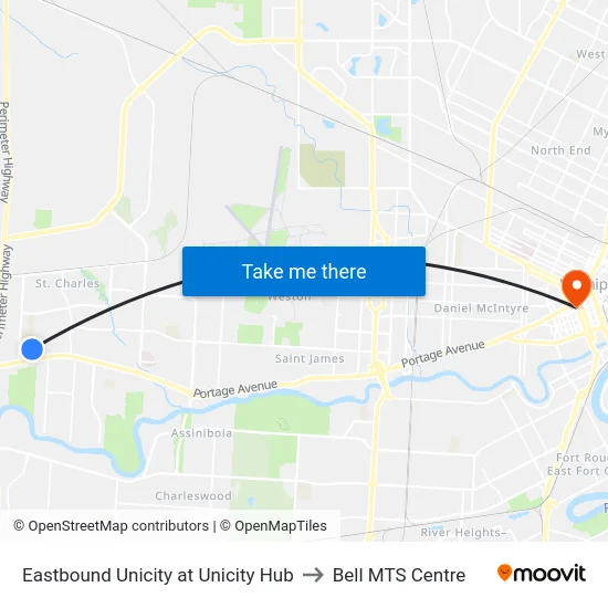 Eastbound Unicity at Unicity Hub to Bell MTS Centre map