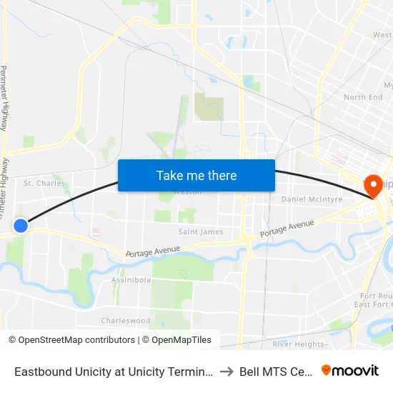 Eastbound Unicity at Unicity Terminal (70) to Bell MTS Centre map