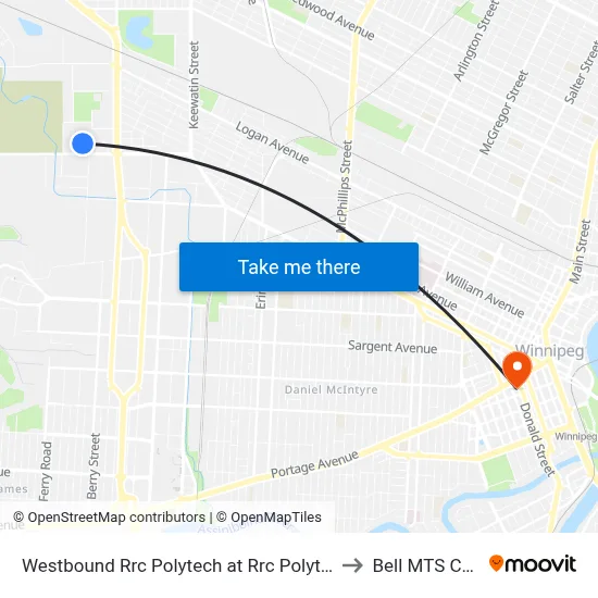 Westbound Rrc Polytech at Rrc Polytech (D16) to Bell MTS Centre map