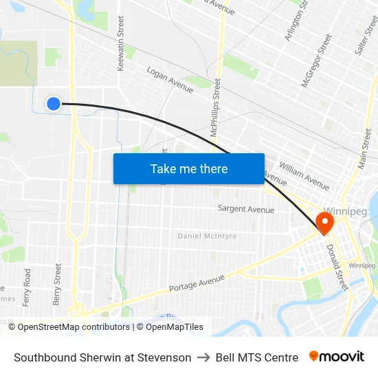 Southbound Sherwin at Stevenson to Bell MTS Centre map