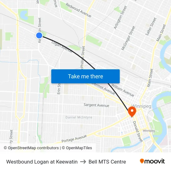 Westbound Logan at Keewatin to Bell MTS Centre map