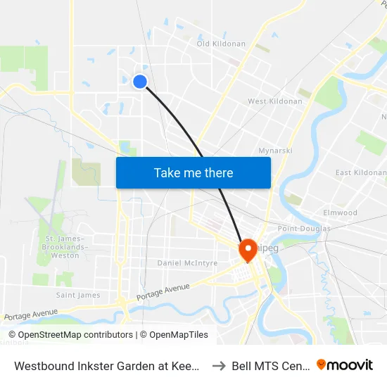 Westbound Inkster Garden at Keewatin to Bell MTS Centre map