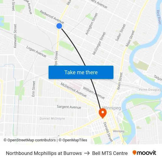 Northbound Mcphillips at Burrows to Bell MTS Centre map