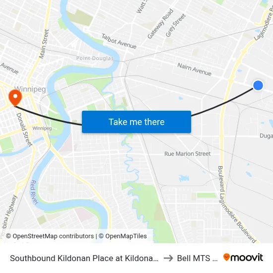 Southbound Kildonan Place at Kildonan Place Hub (D17) to Bell MTS Centre map