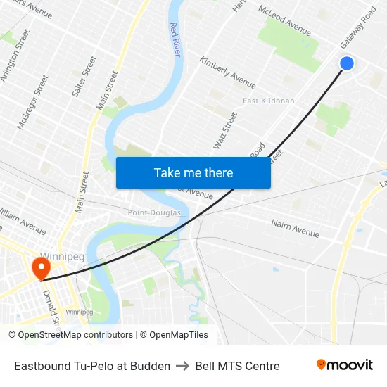 Eastbound Tu-Pelo at Budden to Bell MTS Centre map