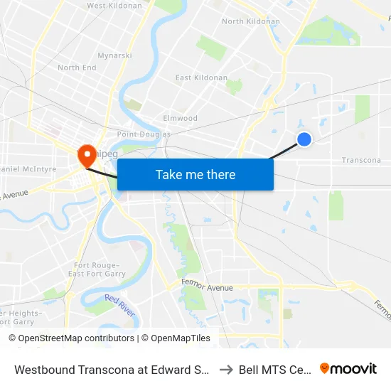 Westbound Transcona at Edward Schreyer to Bell MTS Centre map
