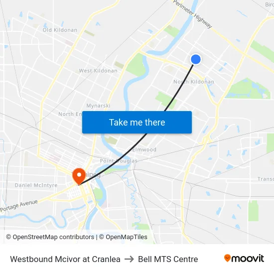 Westbound Mcivor at Cranlea to Bell MTS Centre map