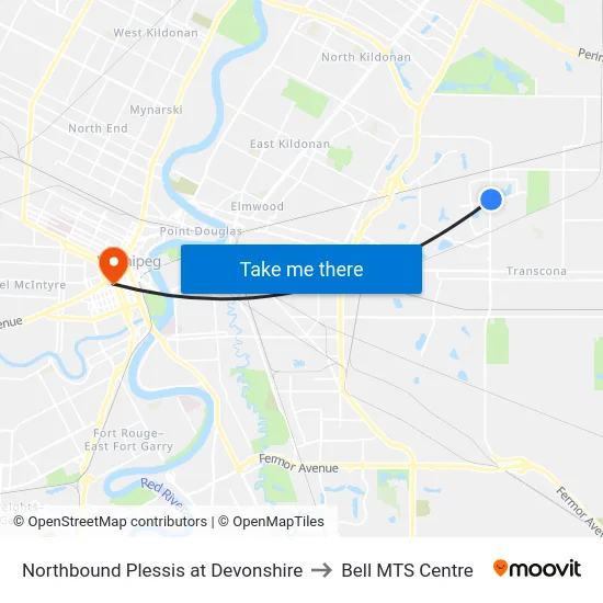 Northbound Plessis at Devonshire to Bell MTS Centre map