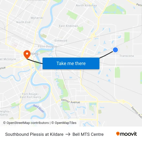 Southbound Plessis at Kildare to Bell MTS Centre map