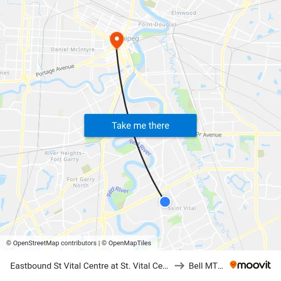 Eastbound St Vital Centre at St. Vital Centre Hub (556 To Sage Creek) to Bell MTS Centre map
